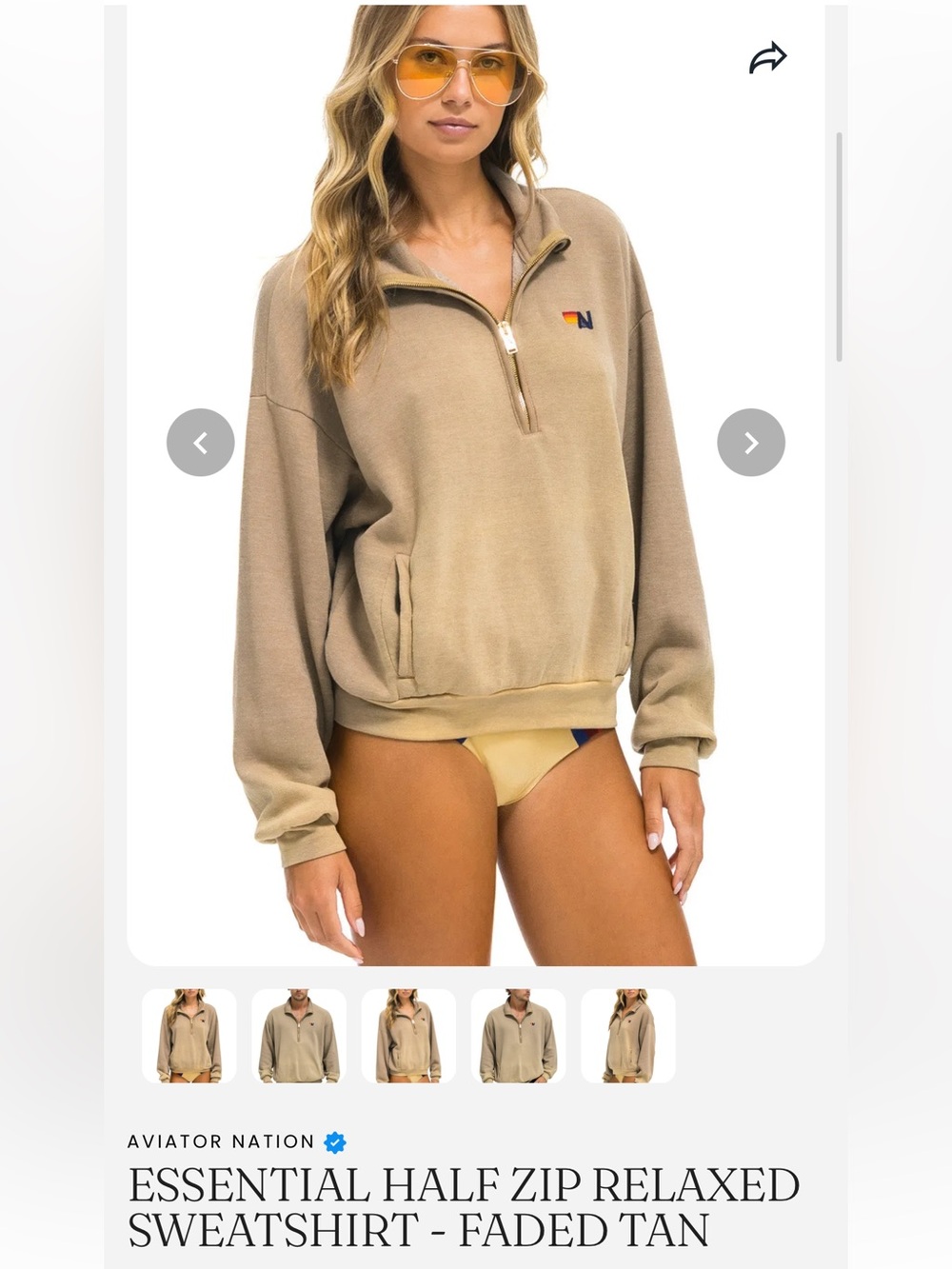 Aviator Nation Essential 1/2 Zip Sweatshirt Unisex Medium Vintage Faded Tan Rare